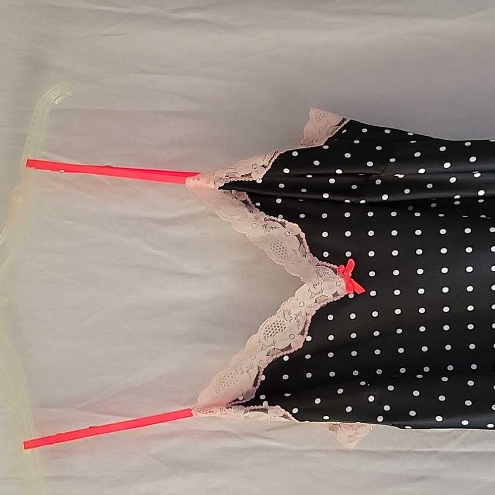 Victoria Secret size Large Black Polka-dot Pink straps lace baby doll - Picture 2 of 8